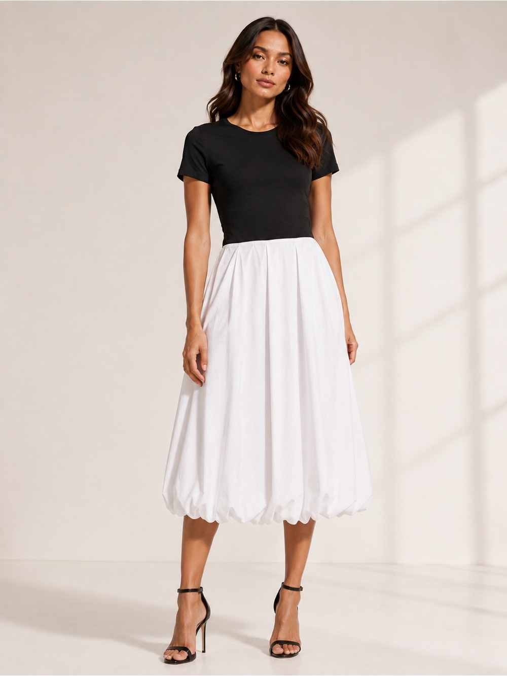 Karl Lagerfeld Bubble Hem Midi Dress Crew Neck Color Block Black White M NEW